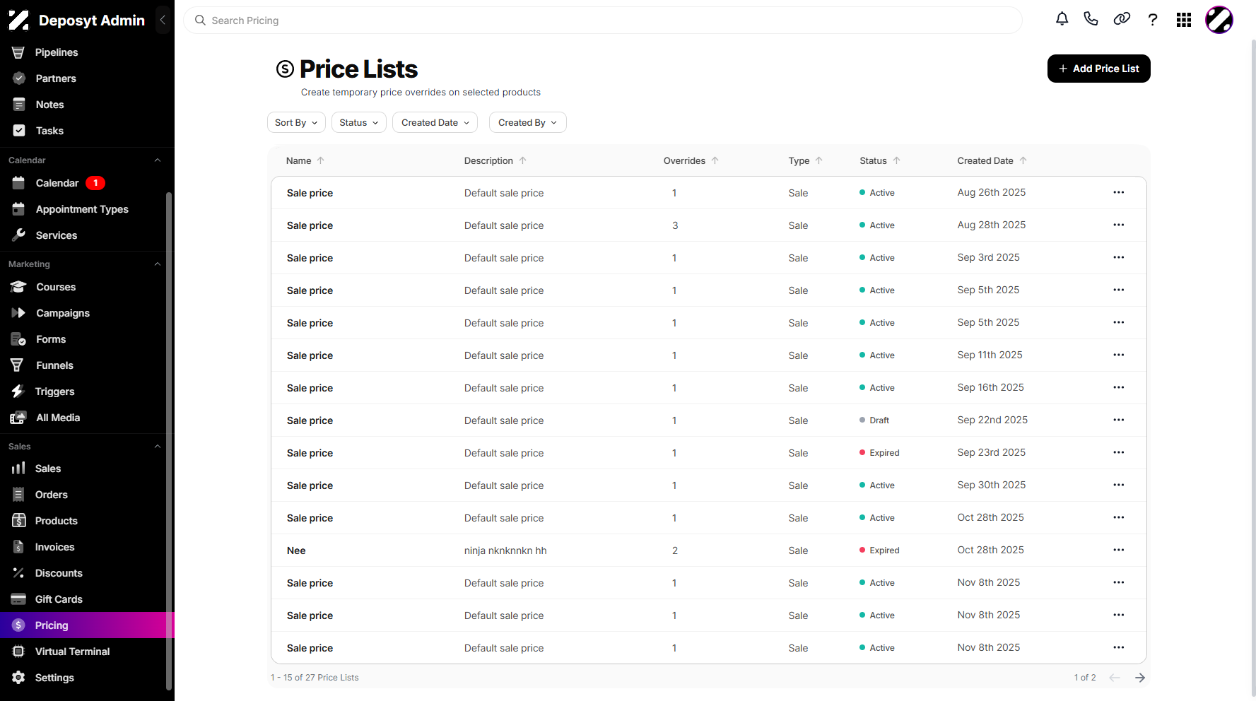 Step 1: On your Dashboard, scroll down to the Sales section and click on Pricing.