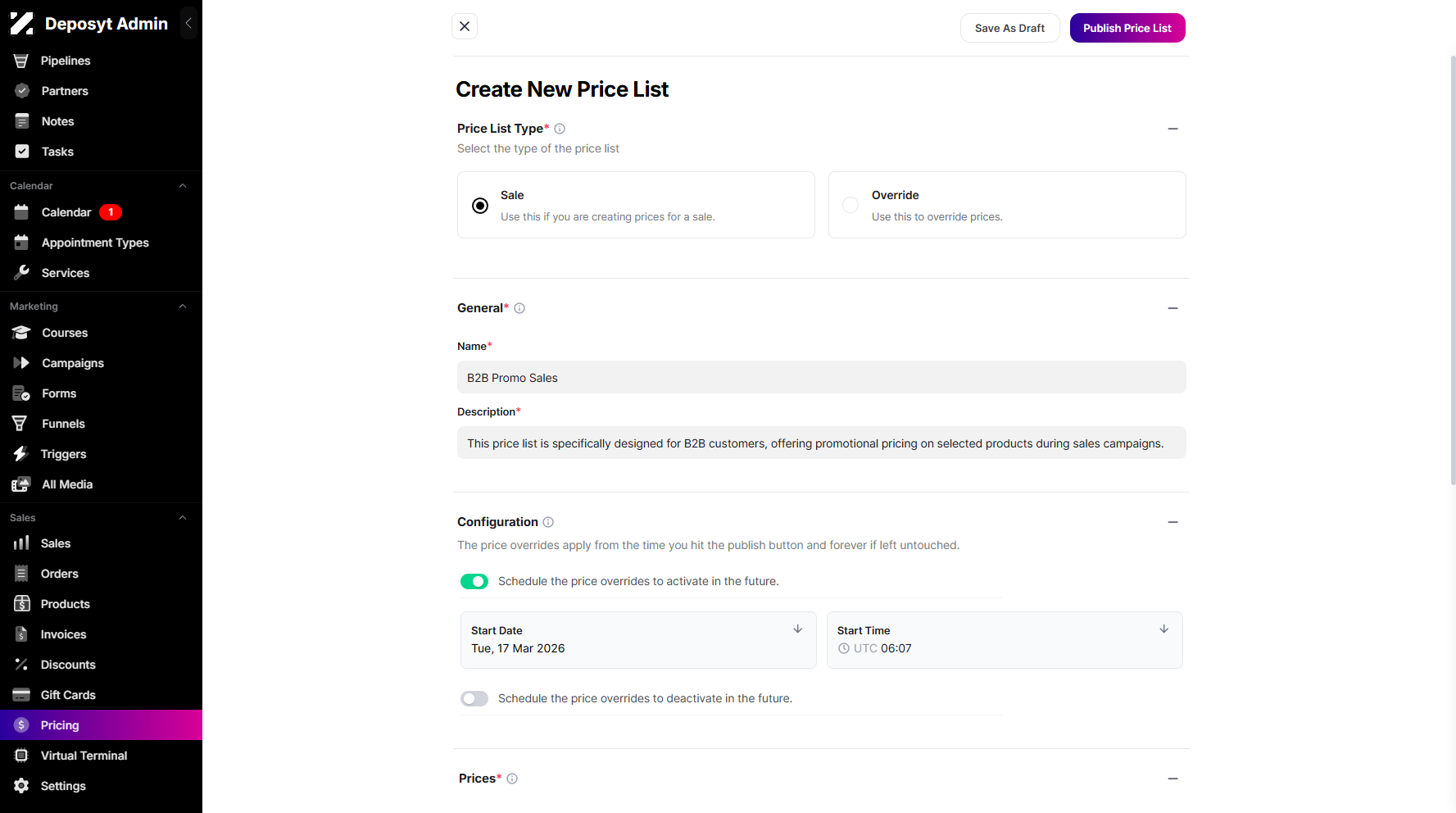 Step 14: Once you’re done, click the Publish Price List button to save and apply the changes.