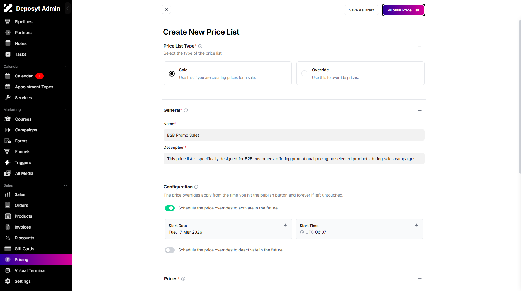 Step 14: Once you’re done, click the Publish Price List button to save and apply the changes.