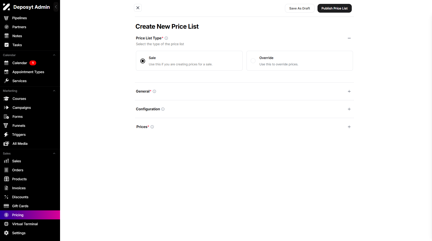 Step 4: You will then be taken to a new page where you can choose a Price List Type.