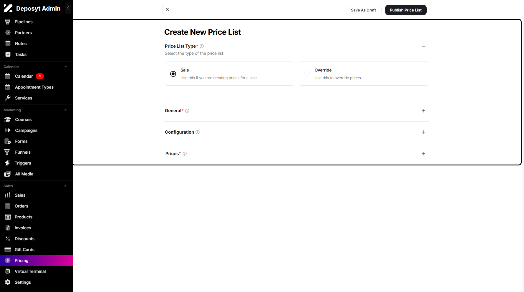 Step 4: You will then be taken to a new page where you can choose a Price List Type.