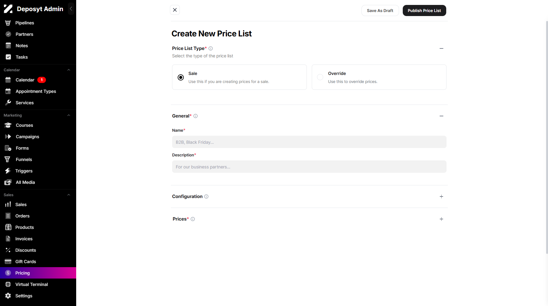 Step 5: Next is the General Details section, where you need to enter the price list name and description.