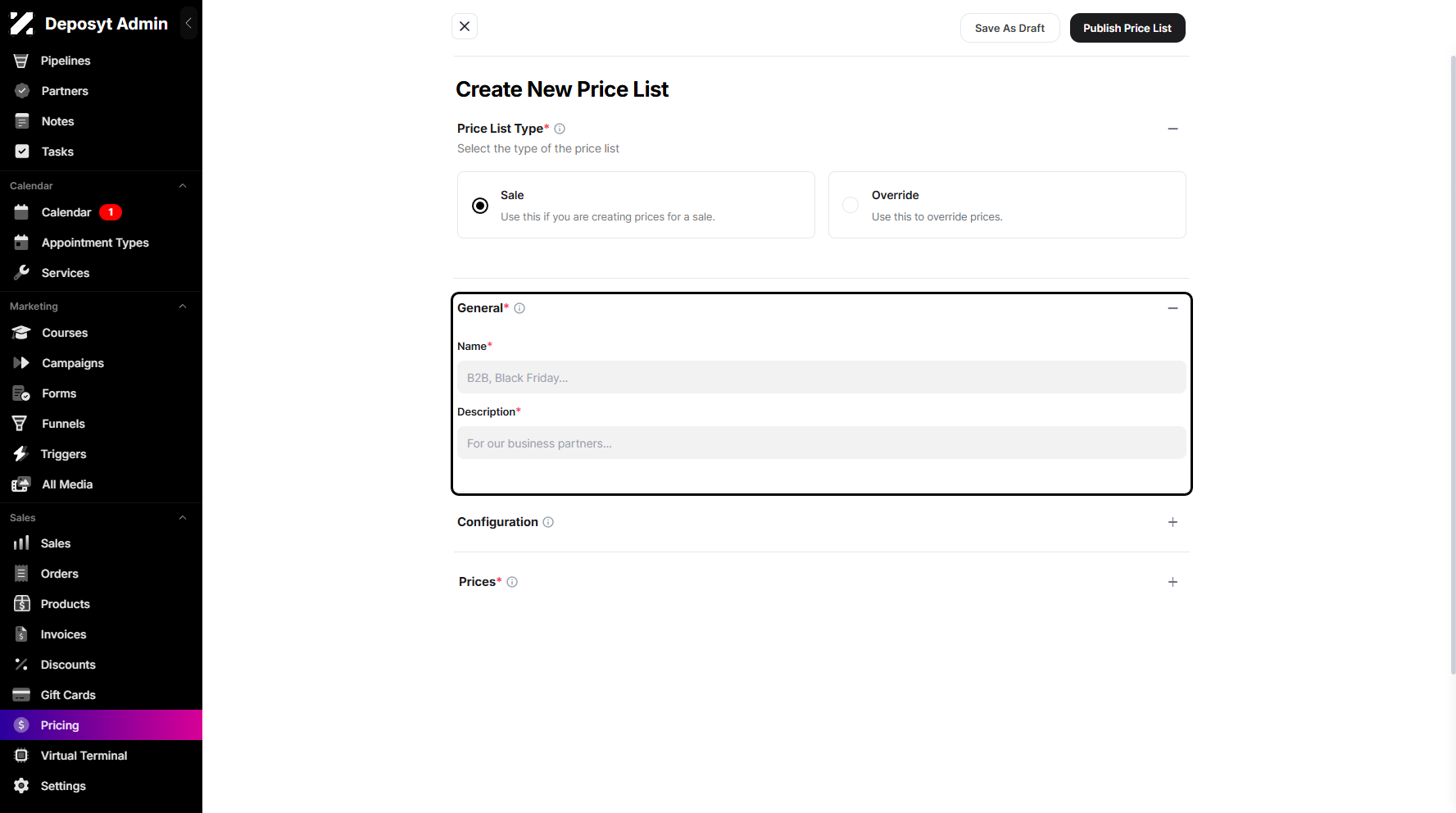 Step 5: Next is the General Details section, where you need to enter the price list name and description.