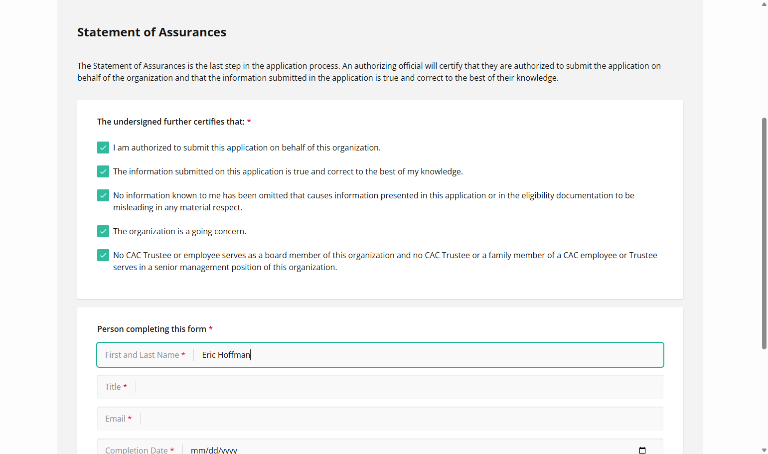 Then the person completing this application will enter their Name, Title, Email address, and the date they're competing the application.