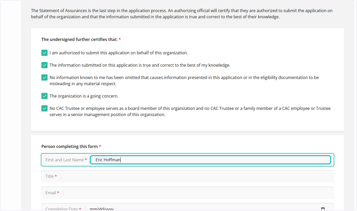 Then the person completing this application will enter their Name, Title, Email address, and the date they're competing the application.