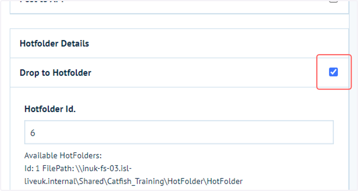 To drop the produced output file into an existing Hotfolder, click Drop to Hotfolder.