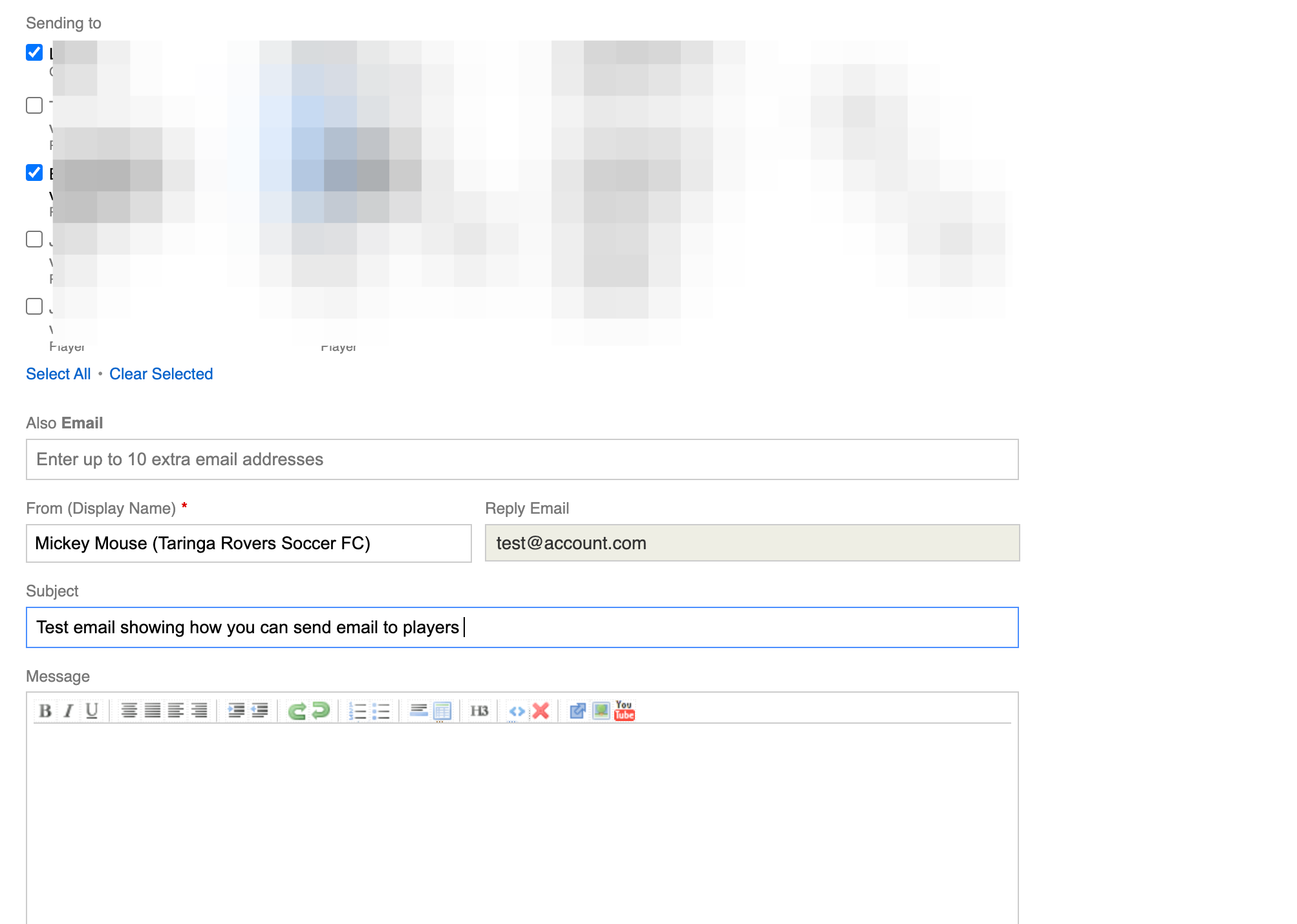 Type "Test email showing how you can send email to players "
