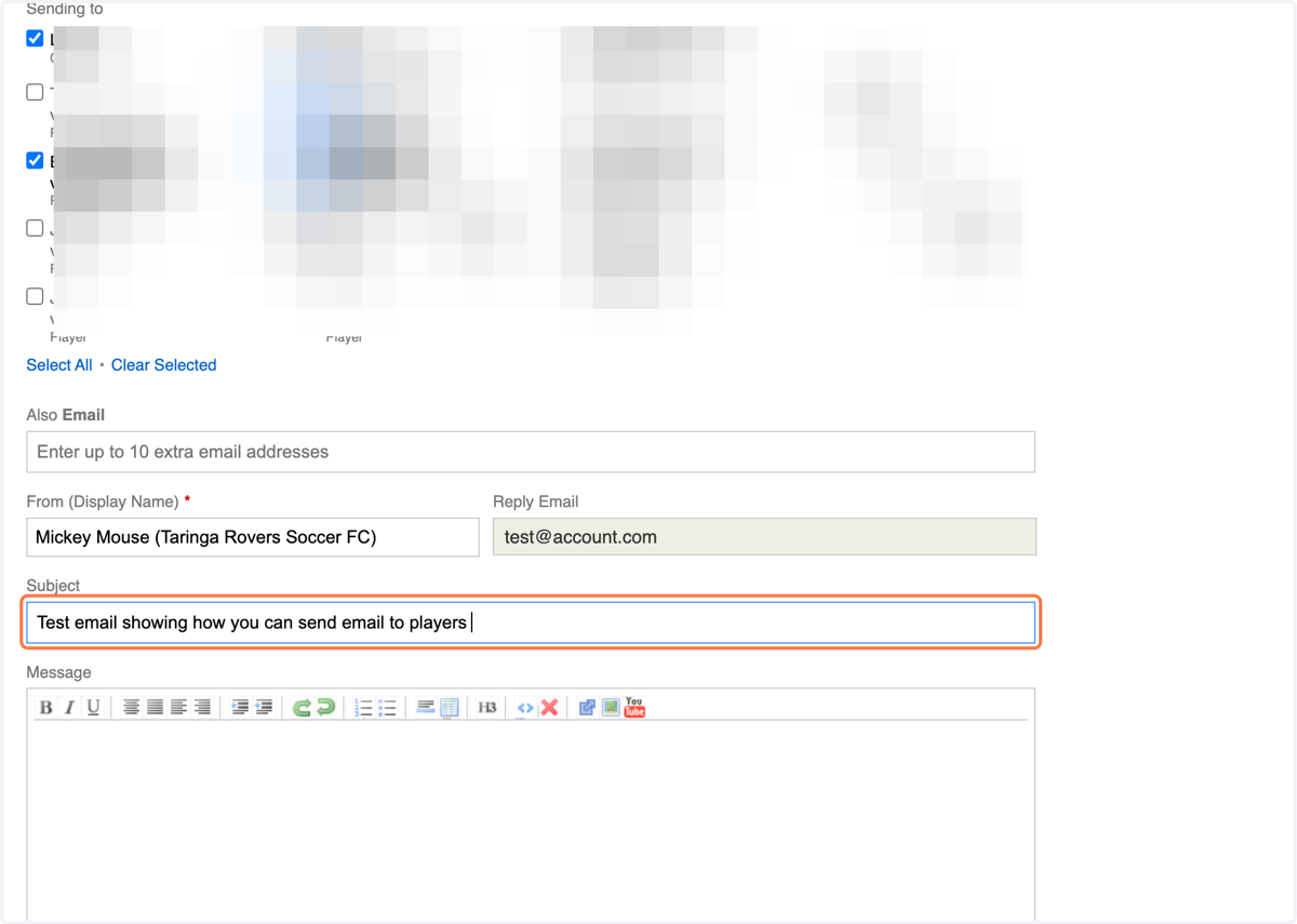 Type "Test email showing how you can send email to players "