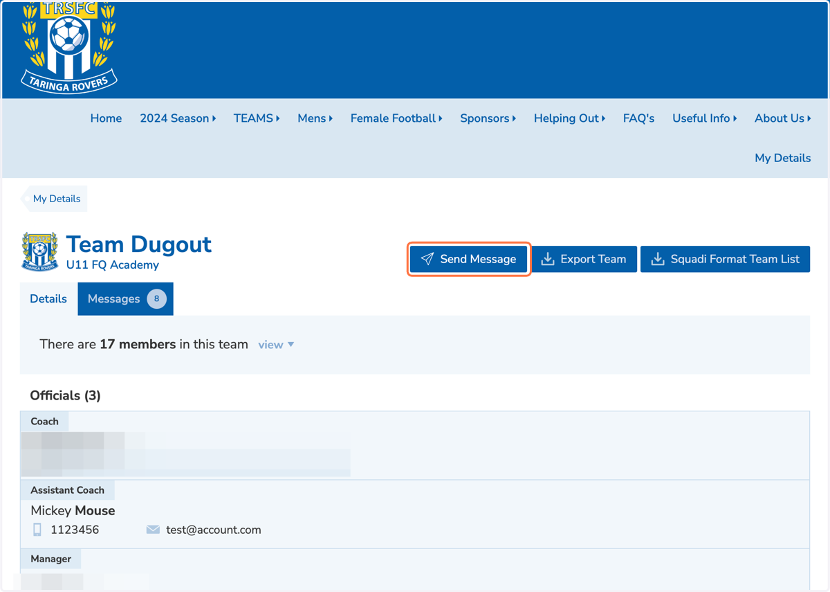 To contact your team via email click "Send Message"