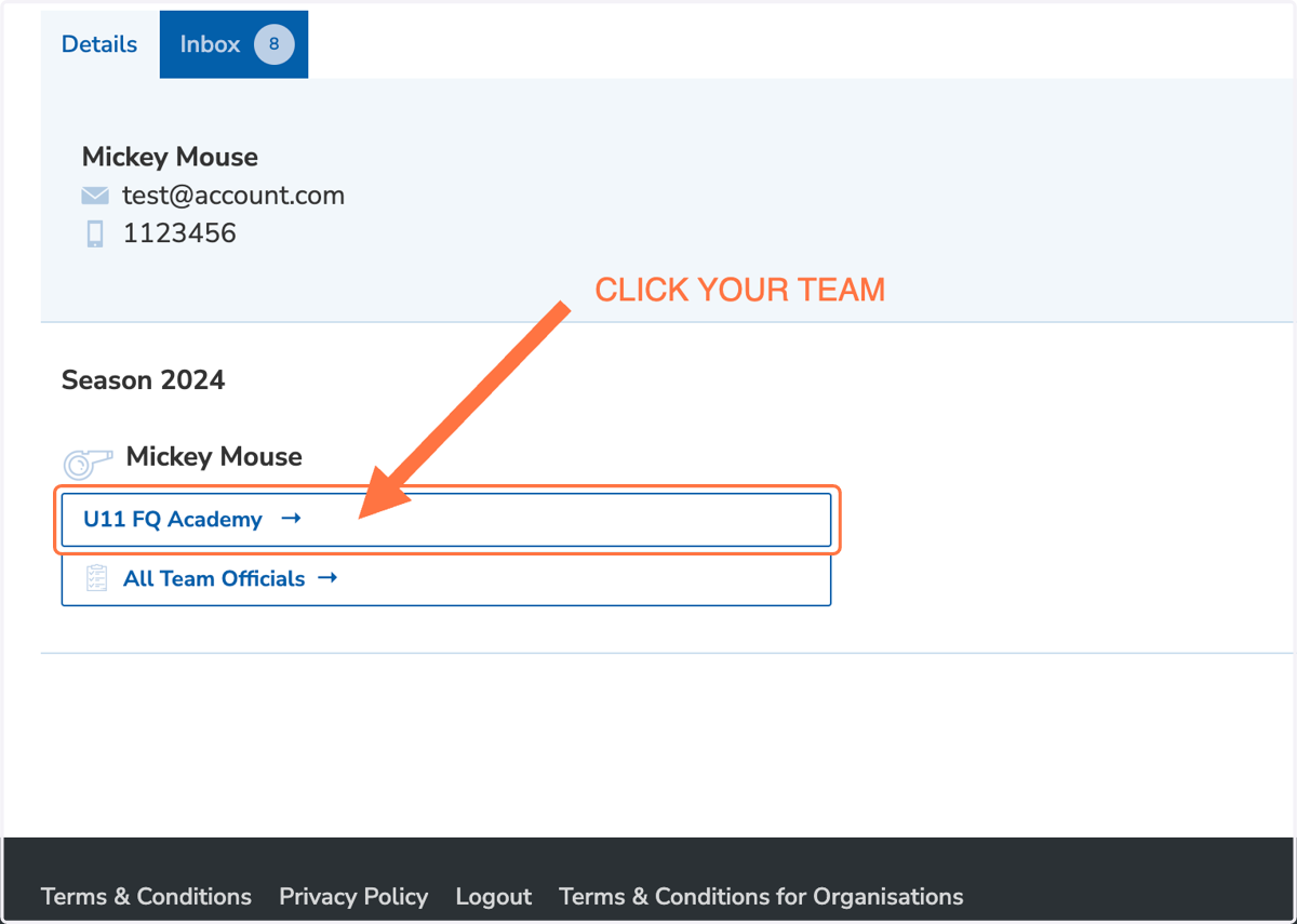 Click on your team name. For this example, Micky is managing the U11 FQA team.