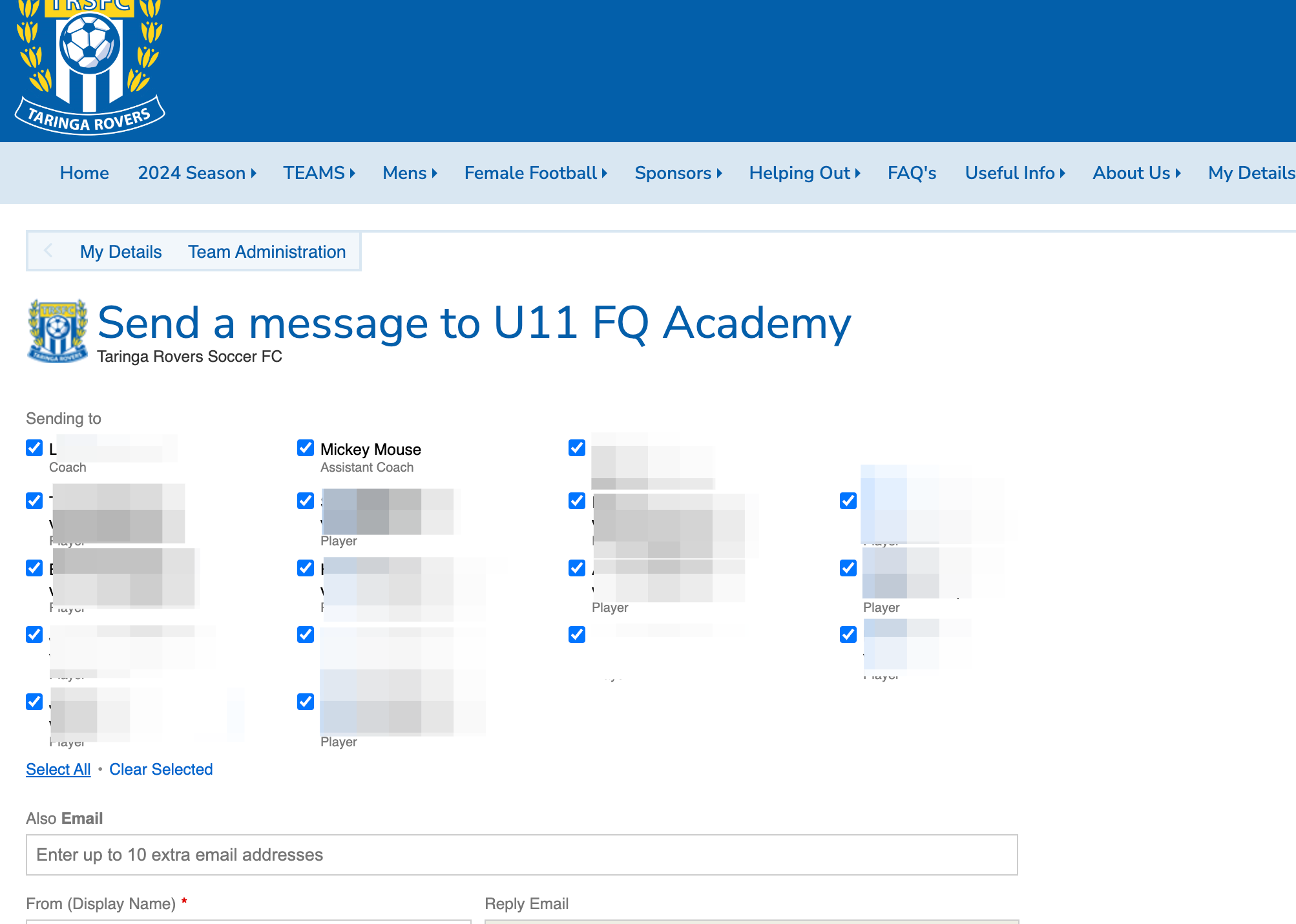 Click on Select All, or clear selected and send email to specific players