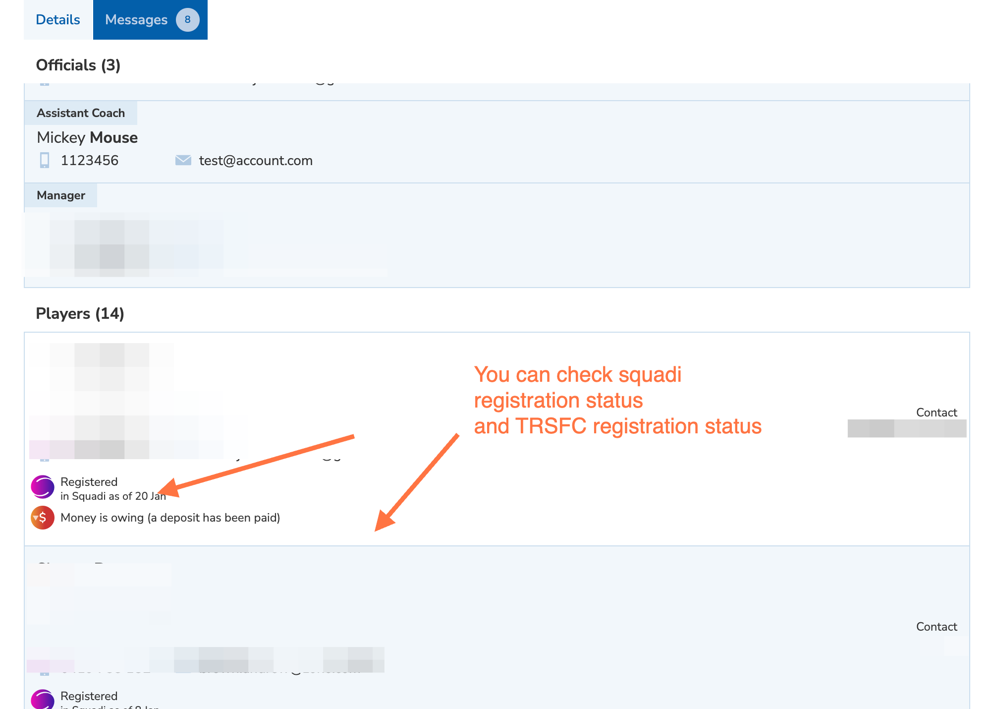 Check the registration status of players on your team