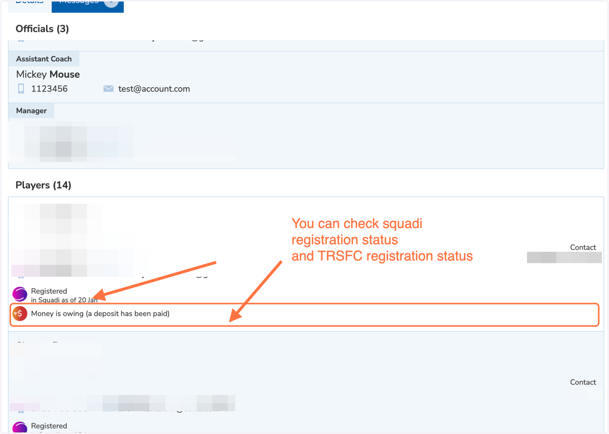 Check the registration status of players on your team