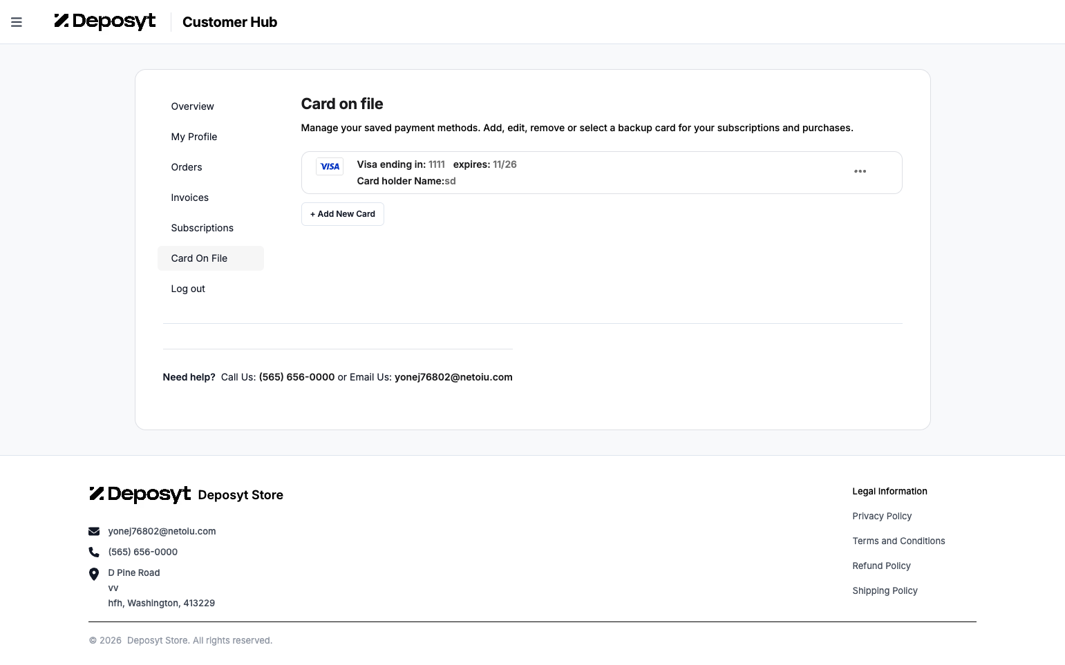 Step 7: Here, you can view the customer’s card on file. You can add a new card, edit or delete an existing card, or mark one as the backup card.