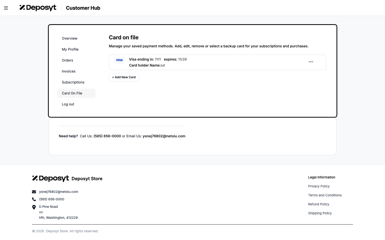 Step 7: Here, you can view the customer’s card on file. You can add a new card, edit or delete an existing card, or mark one as the backup card.