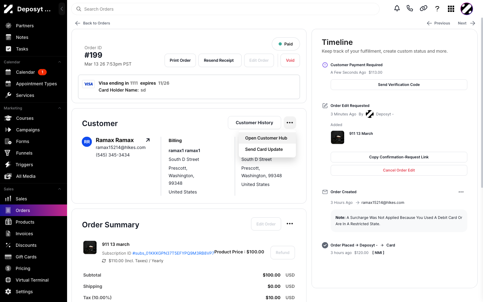Step 4: You will now see the Order Summary. Under the Customer section, click the three-dot menu and select Open Customer Hub.