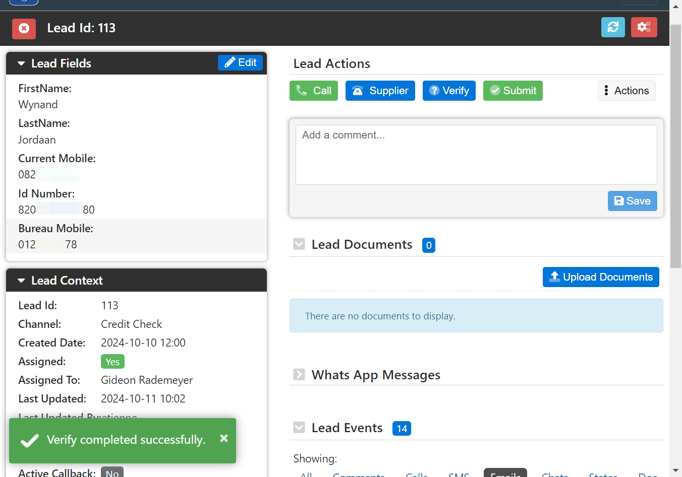 The lead fields in Laminin are now enriched with information from the credit report