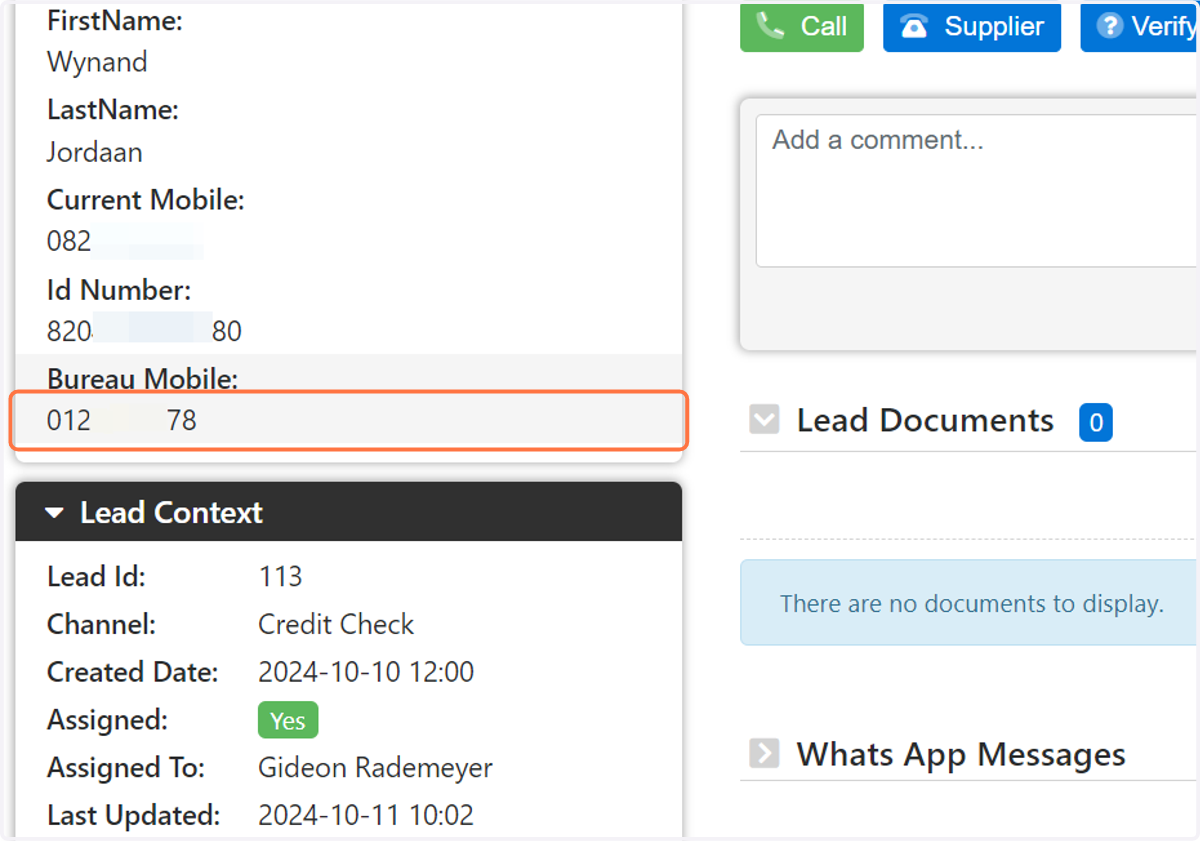 The lead fields in Laminin are now enriched with information from the credit report