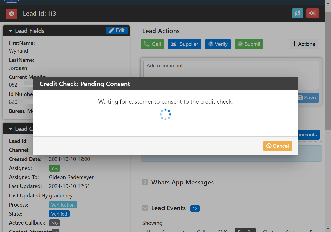 A consent request SMS with a link is sent from iBureau to the customer. The customer has to click on the link to give consent to the credit check.