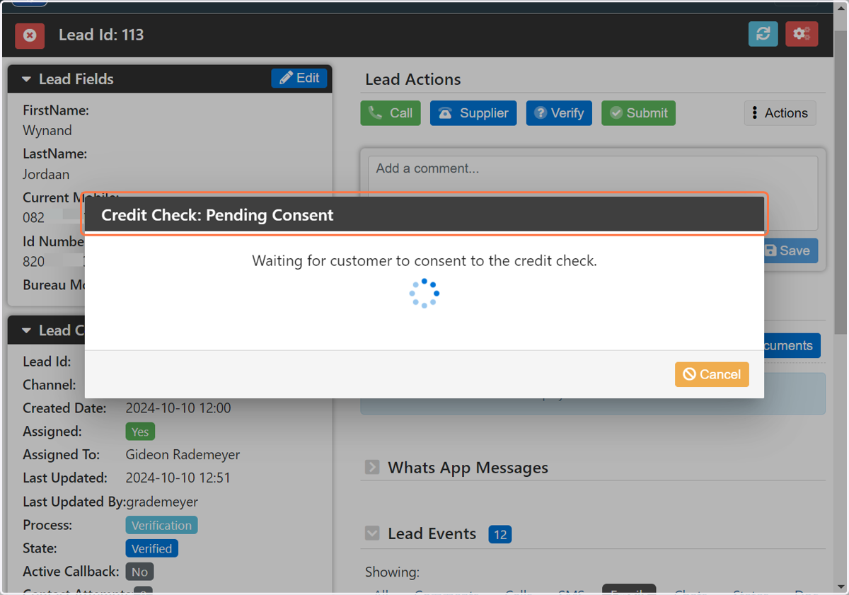 A consent request SMS with a link is sent from iBureau to the customer. The customer has to click on the link to give consent to the credit check.