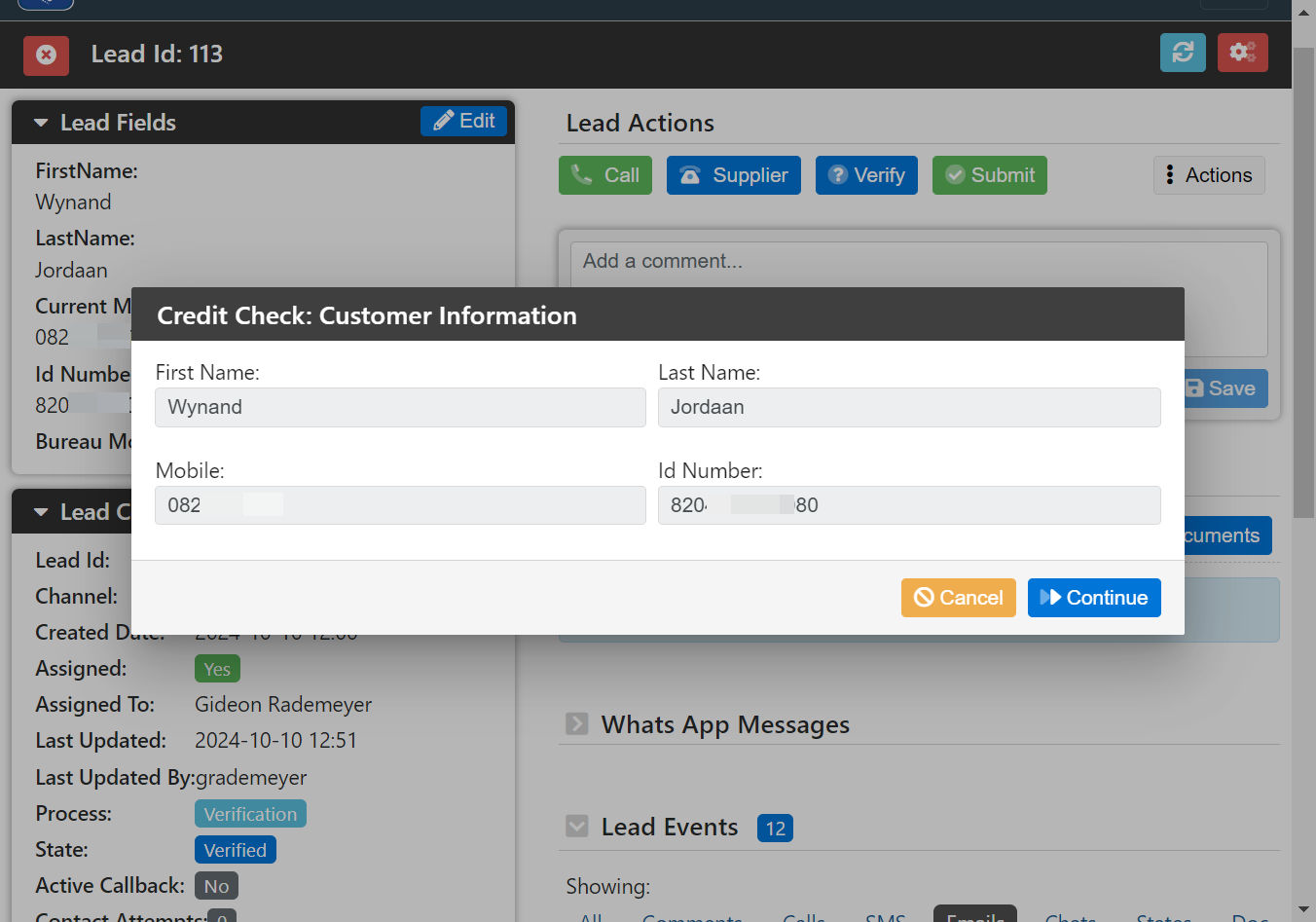 A pop-up screen with the customer's information will be displayed