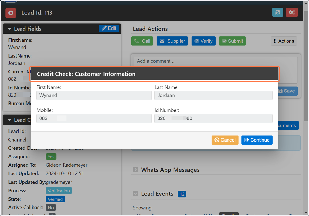 A pop-up screen with the customer's information will be displayed