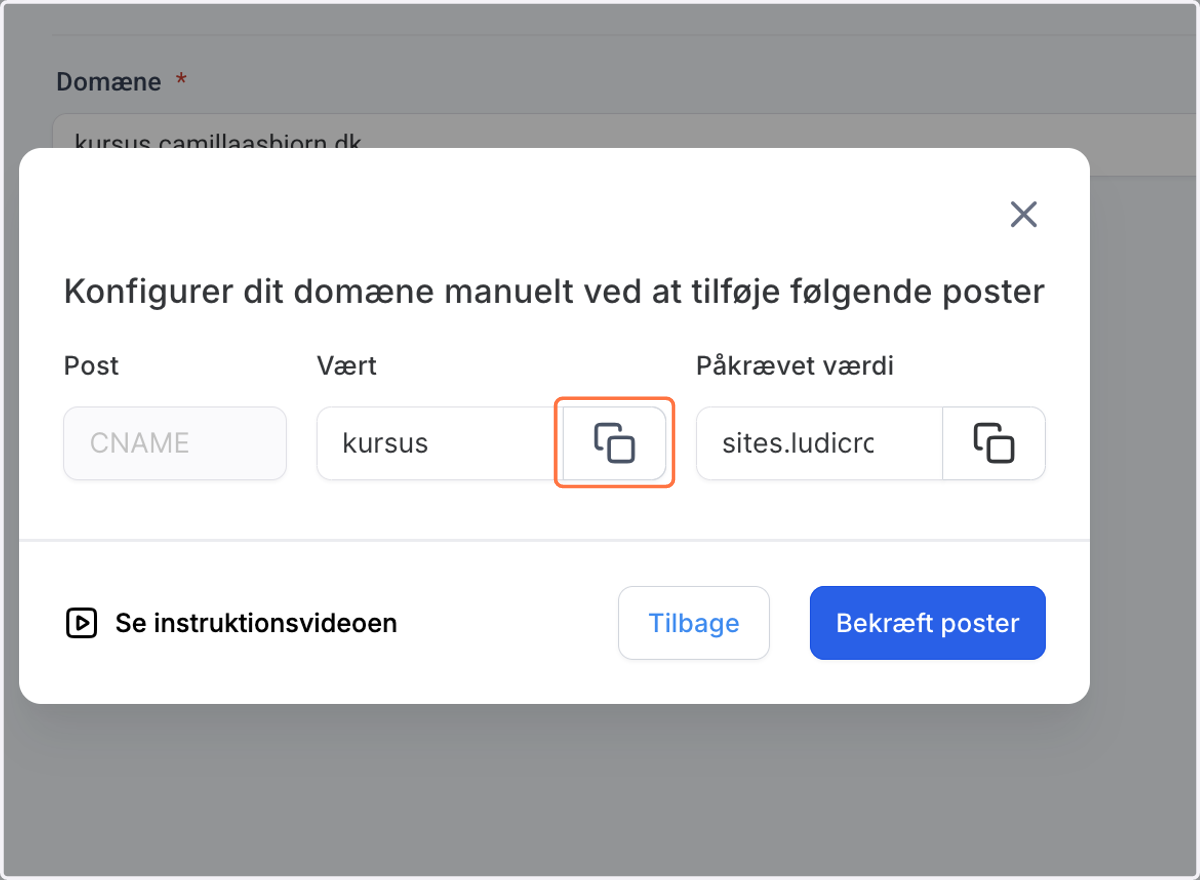 Kopier værdien under Vært/Host fx "kursus"