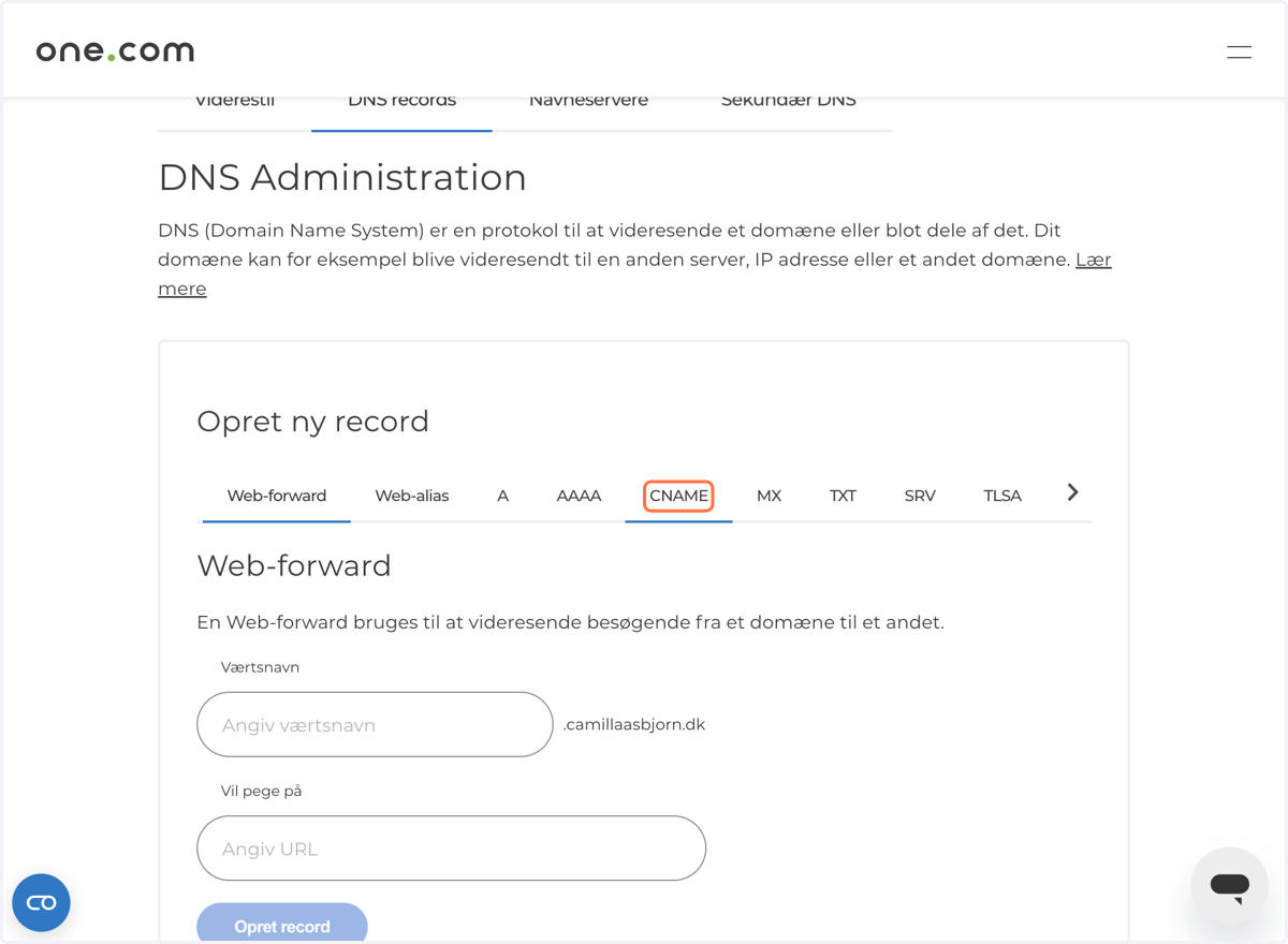 Opret din CNAME record fra MMS