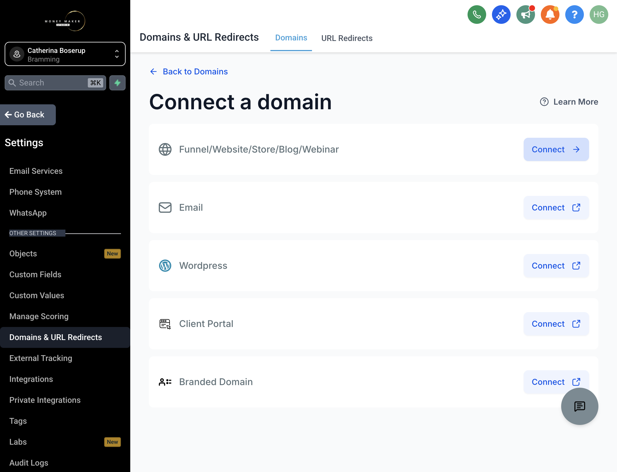 Klik på "Connect" ud for Funnel/Website/Store/Blog/Webinar