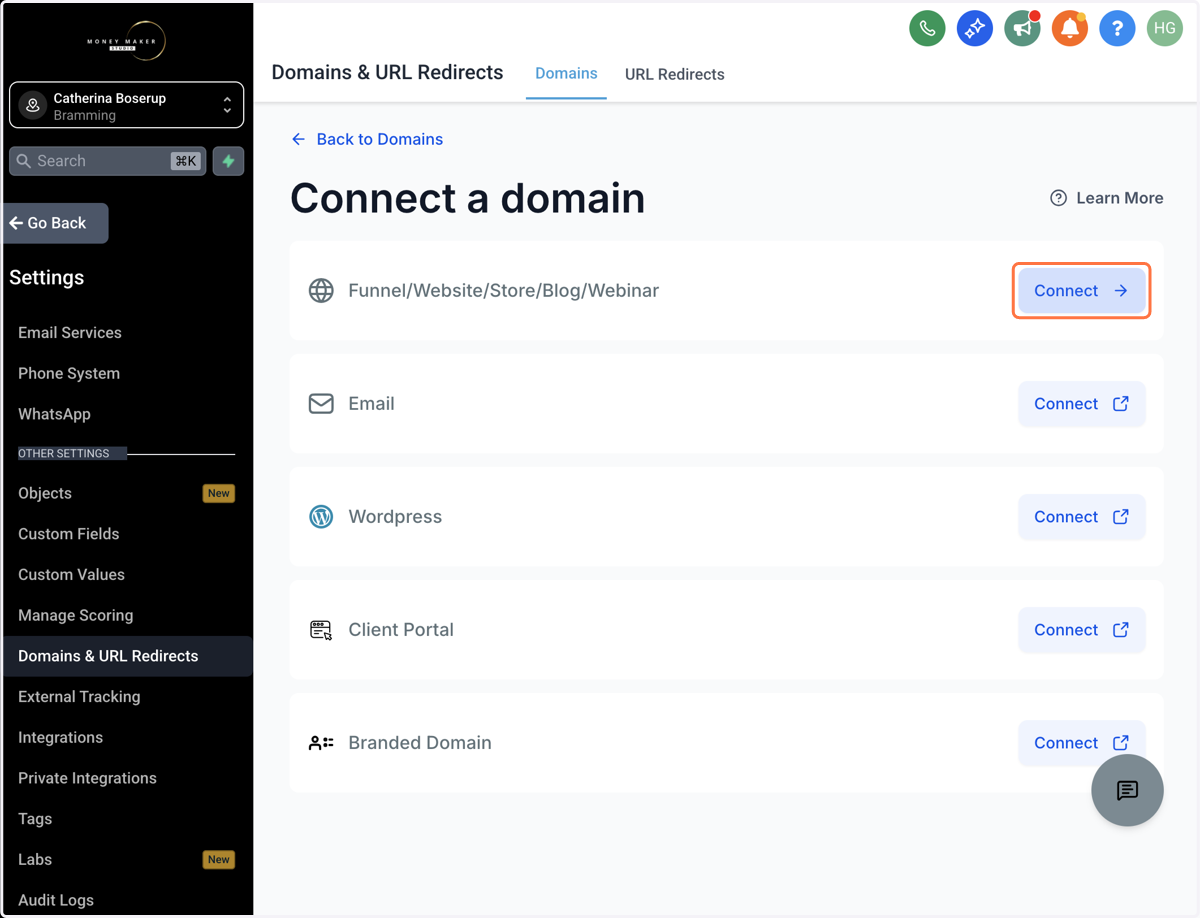 Klik på "Connect" ud for Funnel/Website/Store/Blog/Webinar