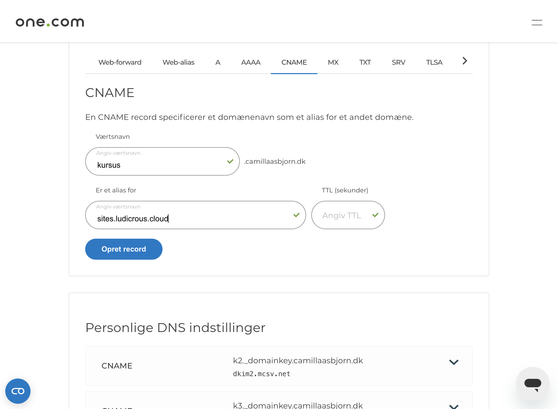 Indsæt din kopierede Værdi fx "sites.ludicrous.cloud" i feltet "Er et alias for" (andre steder vil feltet typisk hedde noget med Værdi)