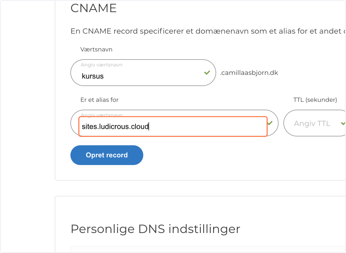 Indsæt din kopierede Værdi fx "sites.ludicrous.cloud" i feltet "Er et alias for" (andre steder vil feltet typisk hedde noget med Værdi)