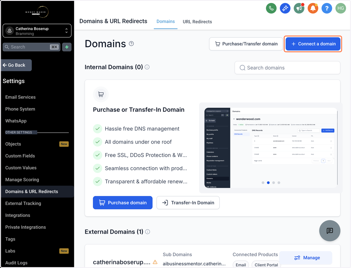Klik på Connect a domain
