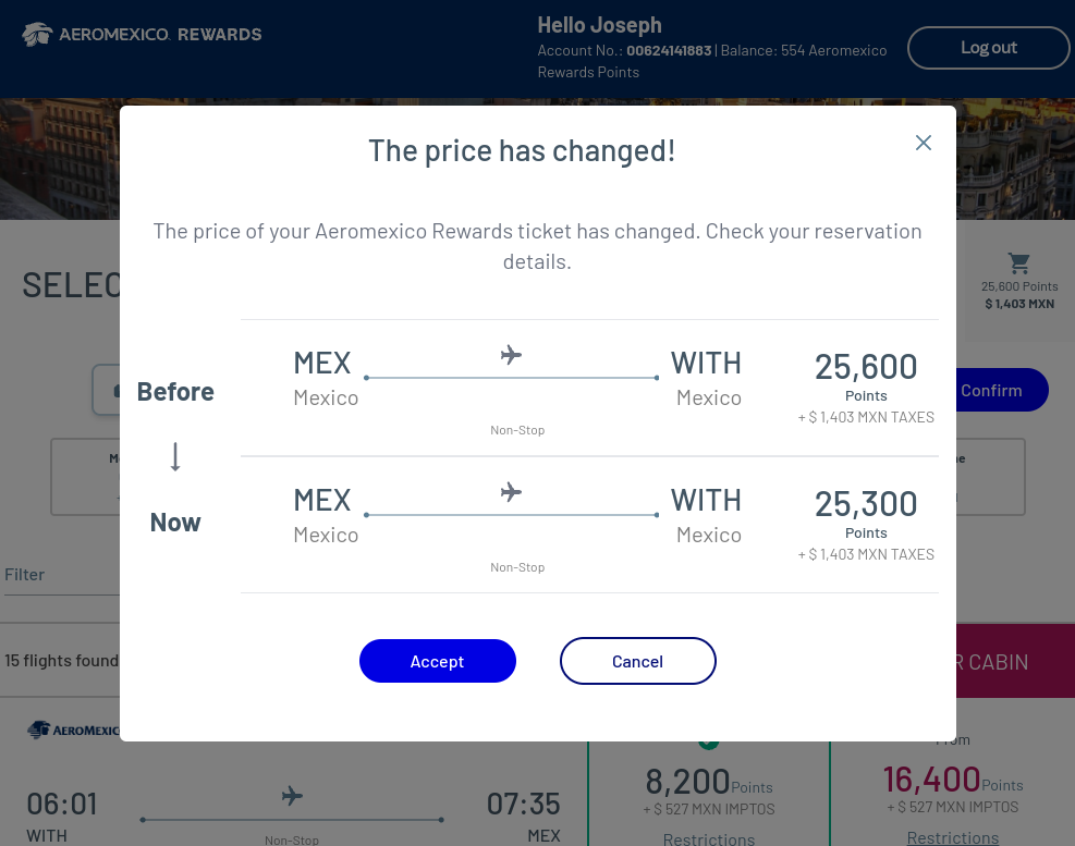 Click on The price has changed!