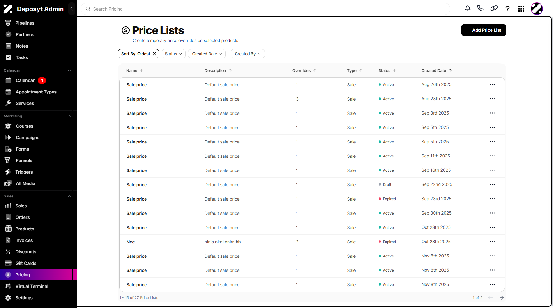 Step 6: You can now view the sorted Price Lists based on your selection.