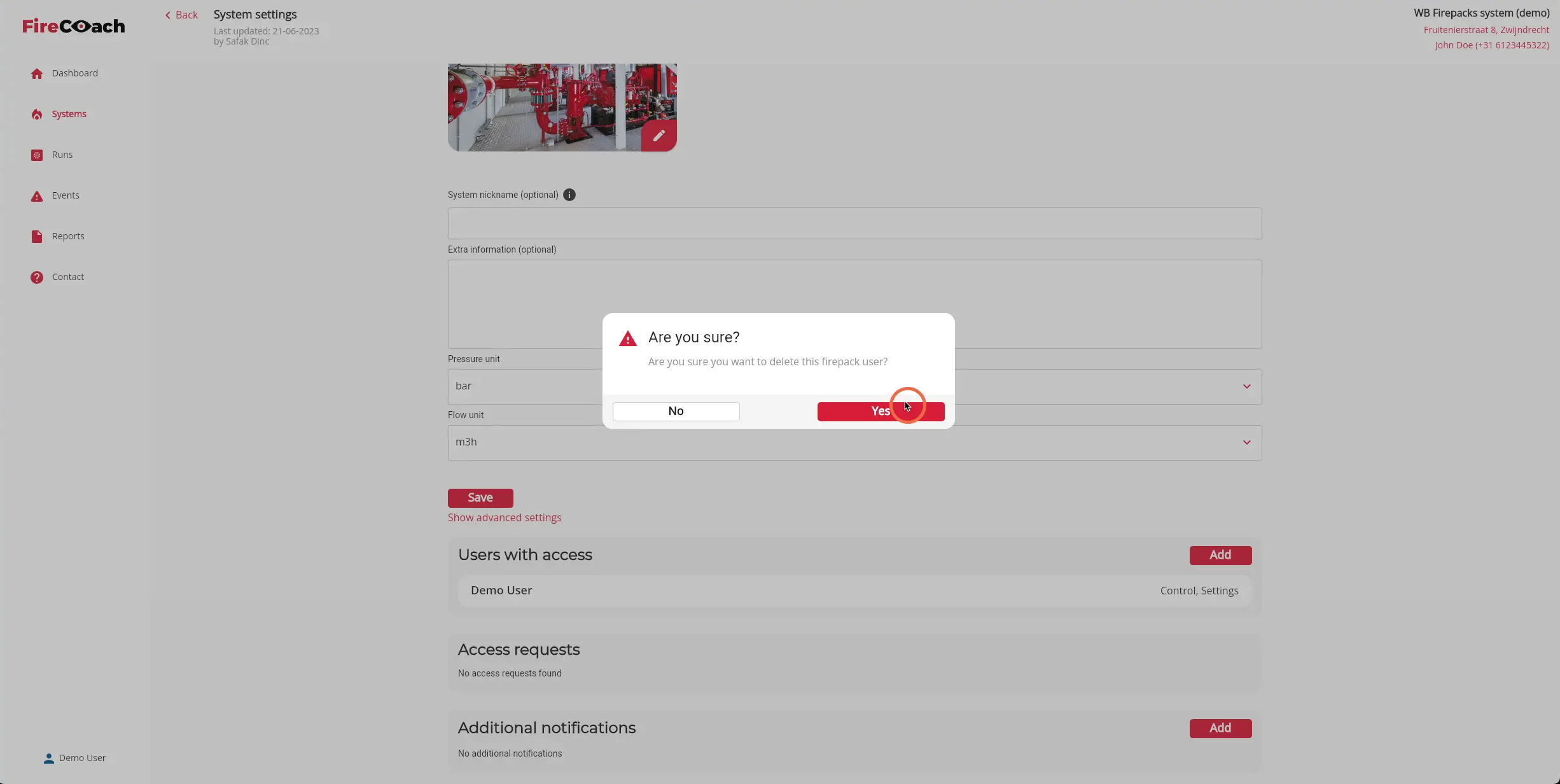 Click on the 'yes' button to revoked the acces of the user from the Firepack