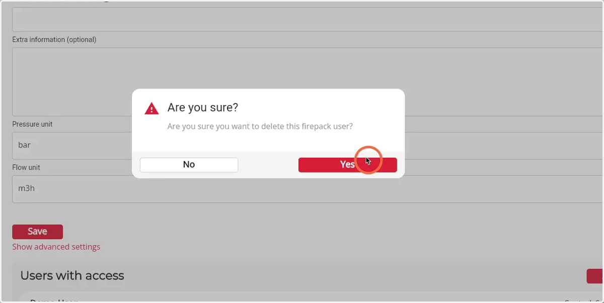 Click on the 'yes' button to revoked the acces of the user from the Firepack