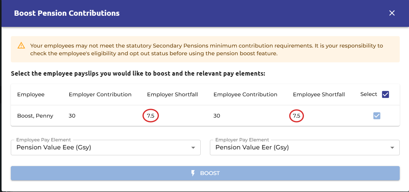 The employee and employer amount has a shortfall of £7.50, selecting boost will increase both amounts by £7.50