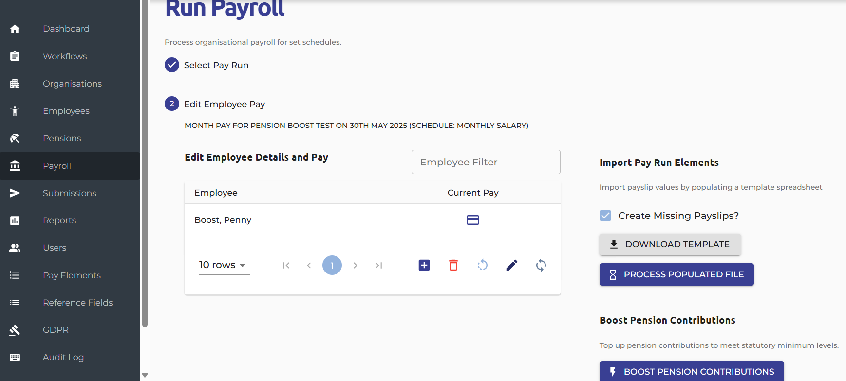 Select the payslip icon to view the employee's contributions