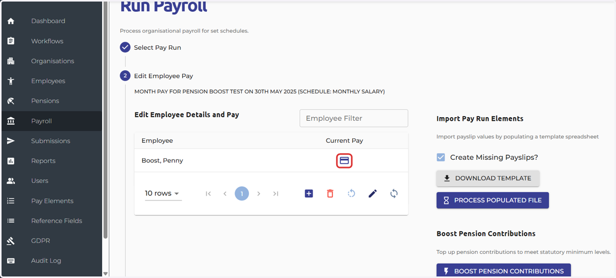 Select the payslip icon to view the employee's contributions