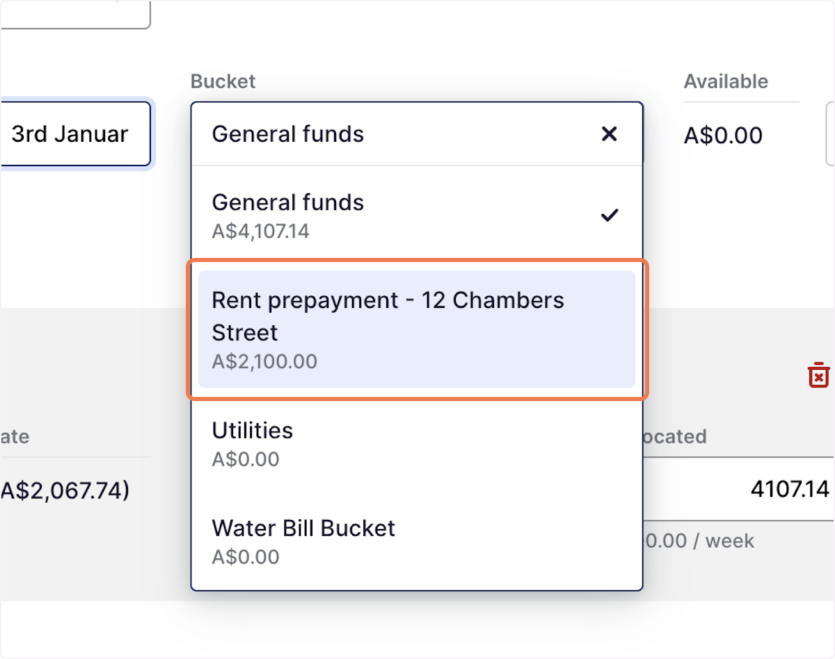 On the Bucket, press yhe dropdown arrow to select the correct prepayment bucket