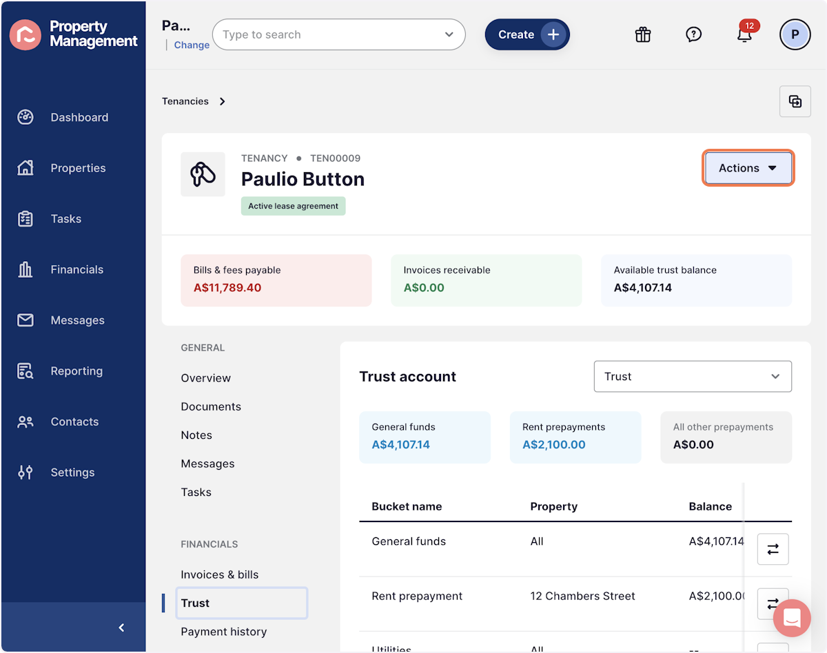 To transfer the funds, press Actions