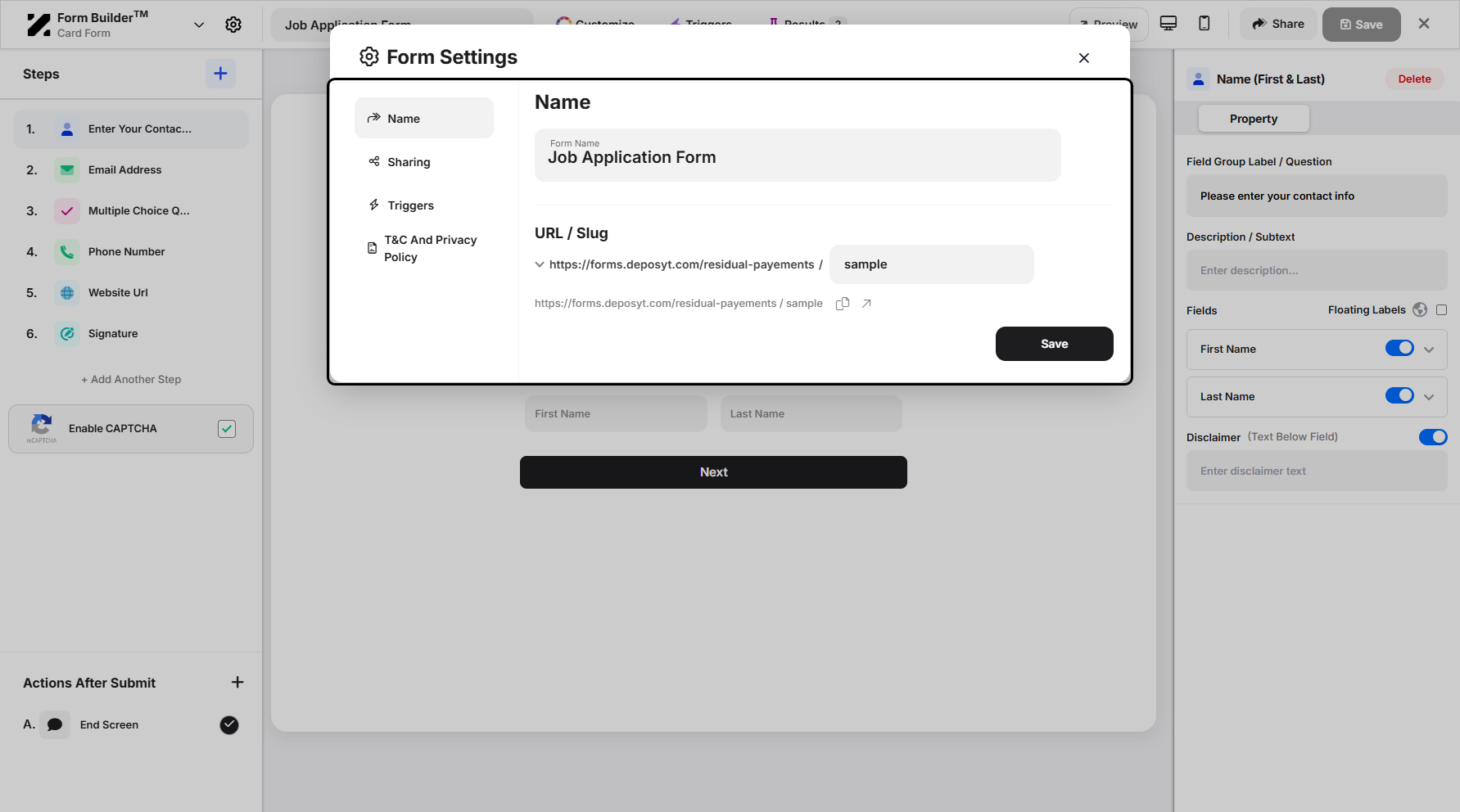 Step 6: A pop-up window will appear, allowing you to configure the form name. You can also copy the embed code or download the QR code, manage triggers and add trigger actions, and enable the Terms and Conditions and Privacy Policy.