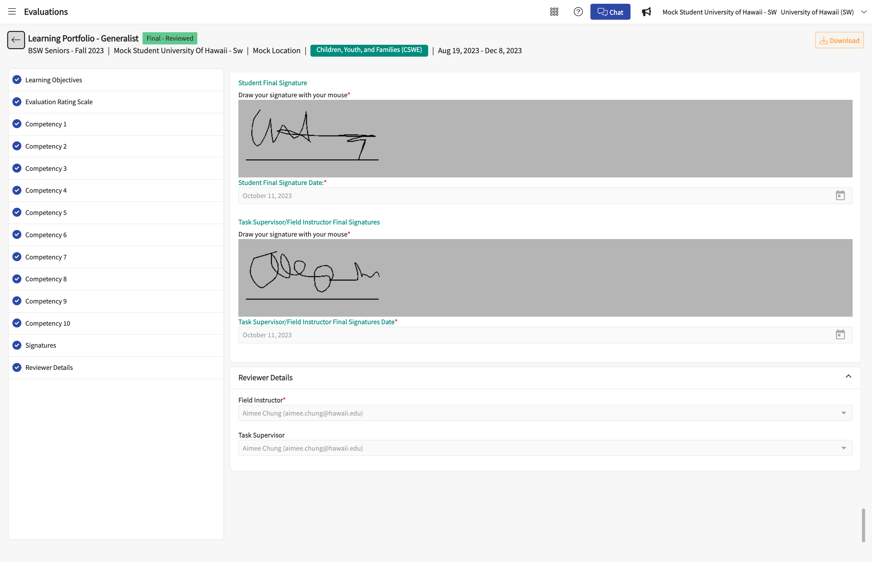 Click on Download to save the Learning Portfolio to your computer. (Note that the school does not save final evaluations. Students are expected to save their own evaluations and field forms.)