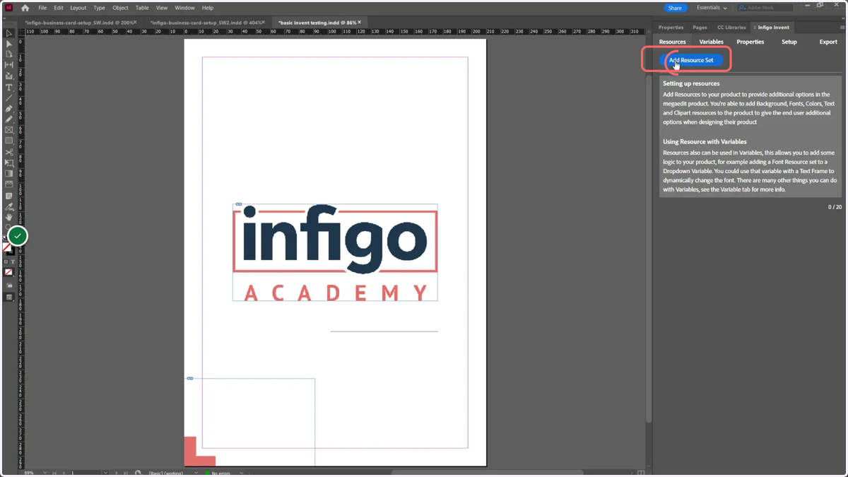 In Adobe InDesign with the Infigo Invent tab loaded, click Add Resource Set