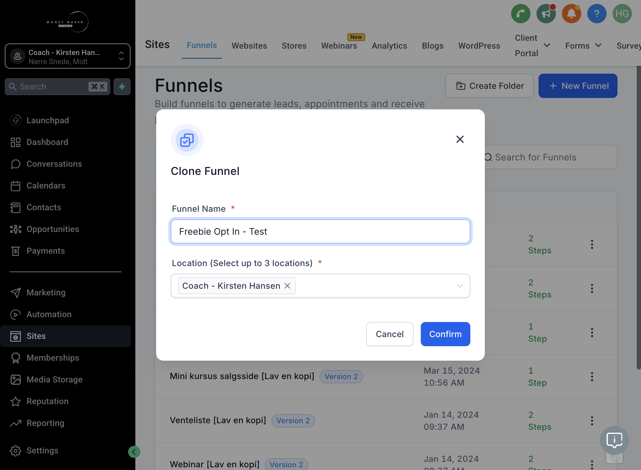 Giv din Funnel et navn fx "Freebie Opt In - Test" og klik på "Confirm"