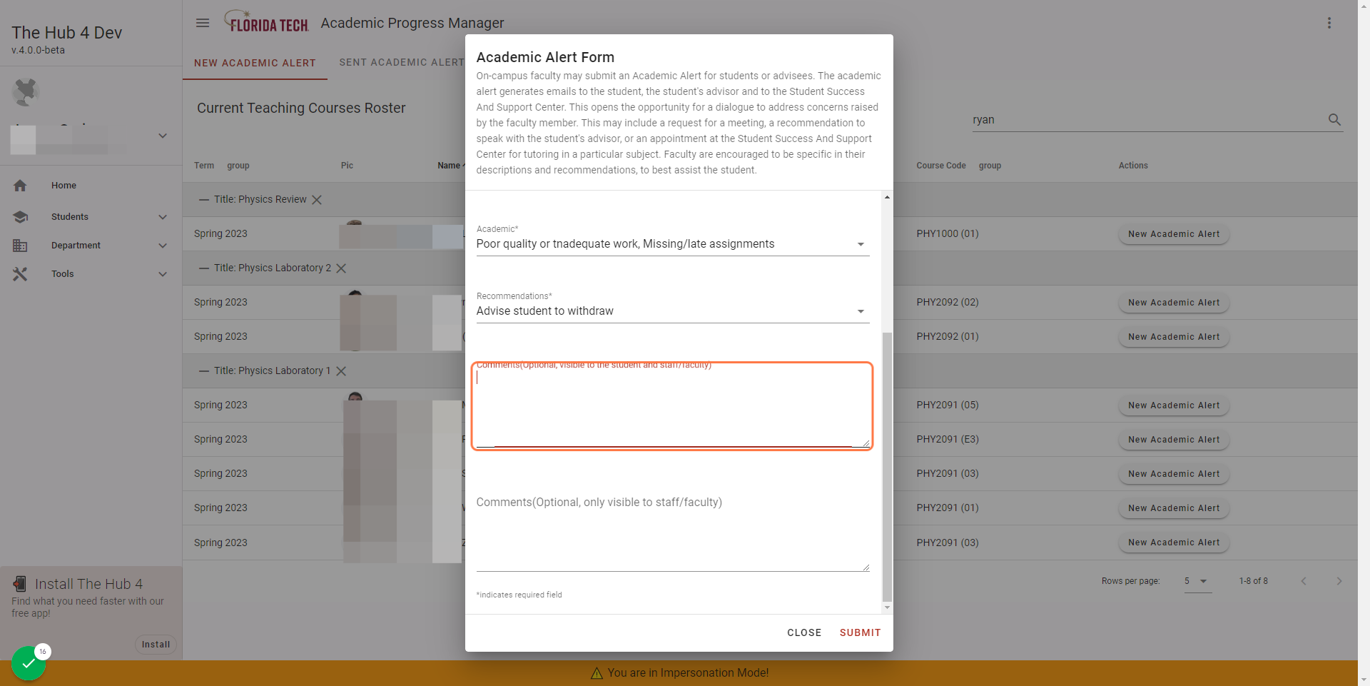 Input Comments (Optional, visible to the student and staff/faculty)