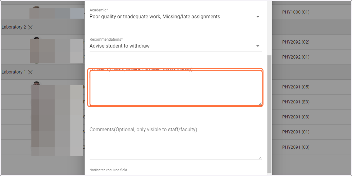 Input Comments (Optional, visible to the student and staff/faculty)