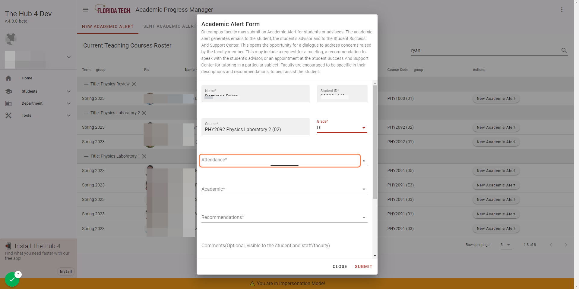 Choose on Attendance* option