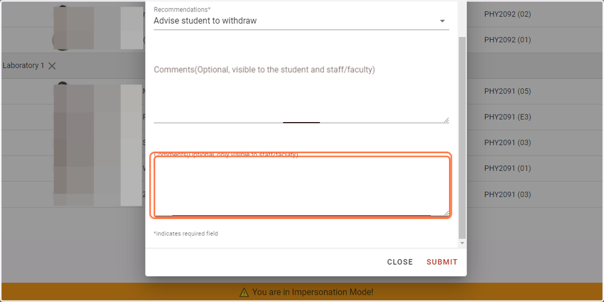 Input private Comments (Optional, only visible to staff/faculty)